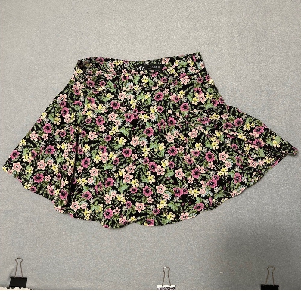 Zara Floral Mini Skort Black Pink Tropical Print High Waisted Shorts Skirt XS